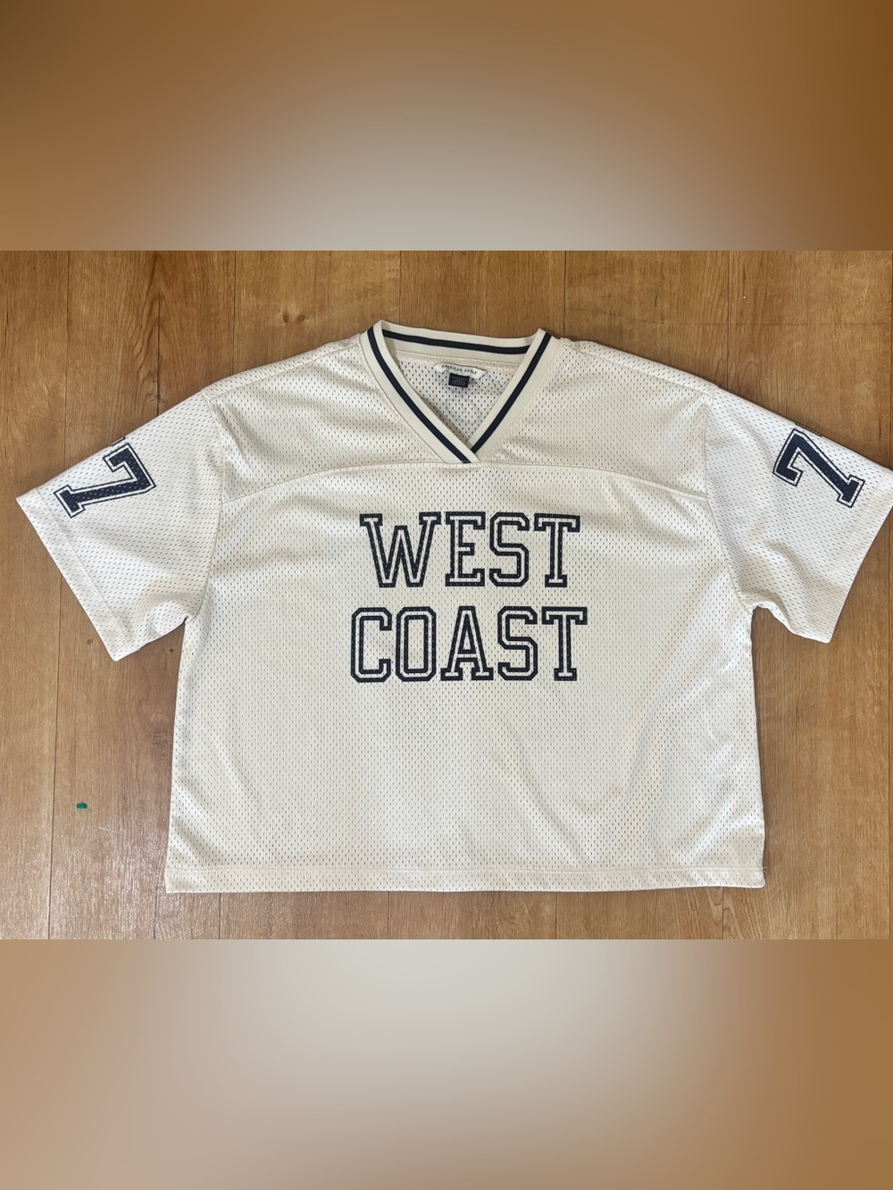 American Eagle Outfitters White V-Neck Mesh Sweater with Navy Lettering